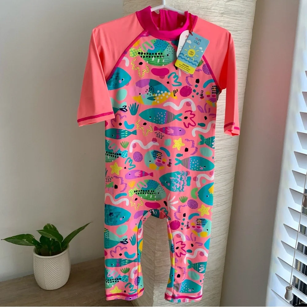 MINI CLUB - Bright Pink & Neon Sea Theme Swim Suit - Sun Safe 4 to 5 Years - NEW - Picture 1 of 6